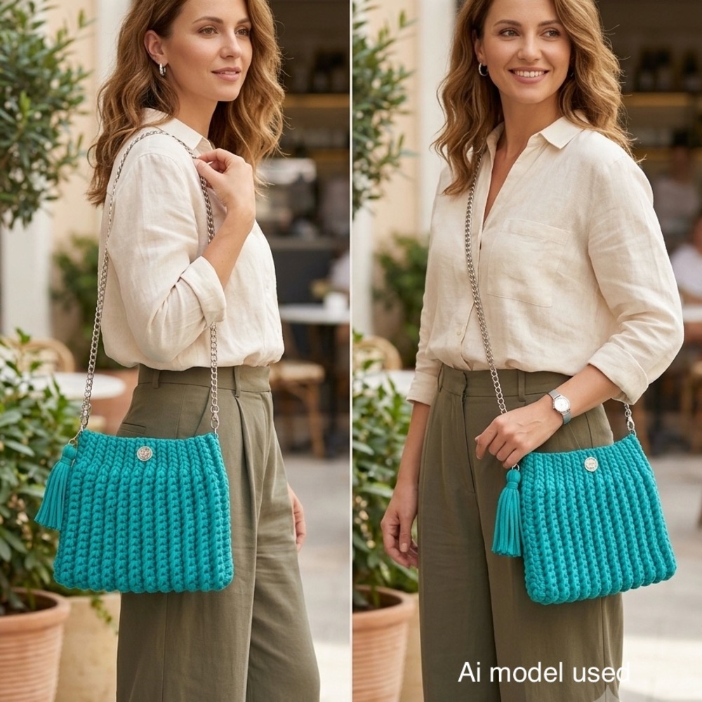 Teal Knit Crossbody Bag with Chain Strap